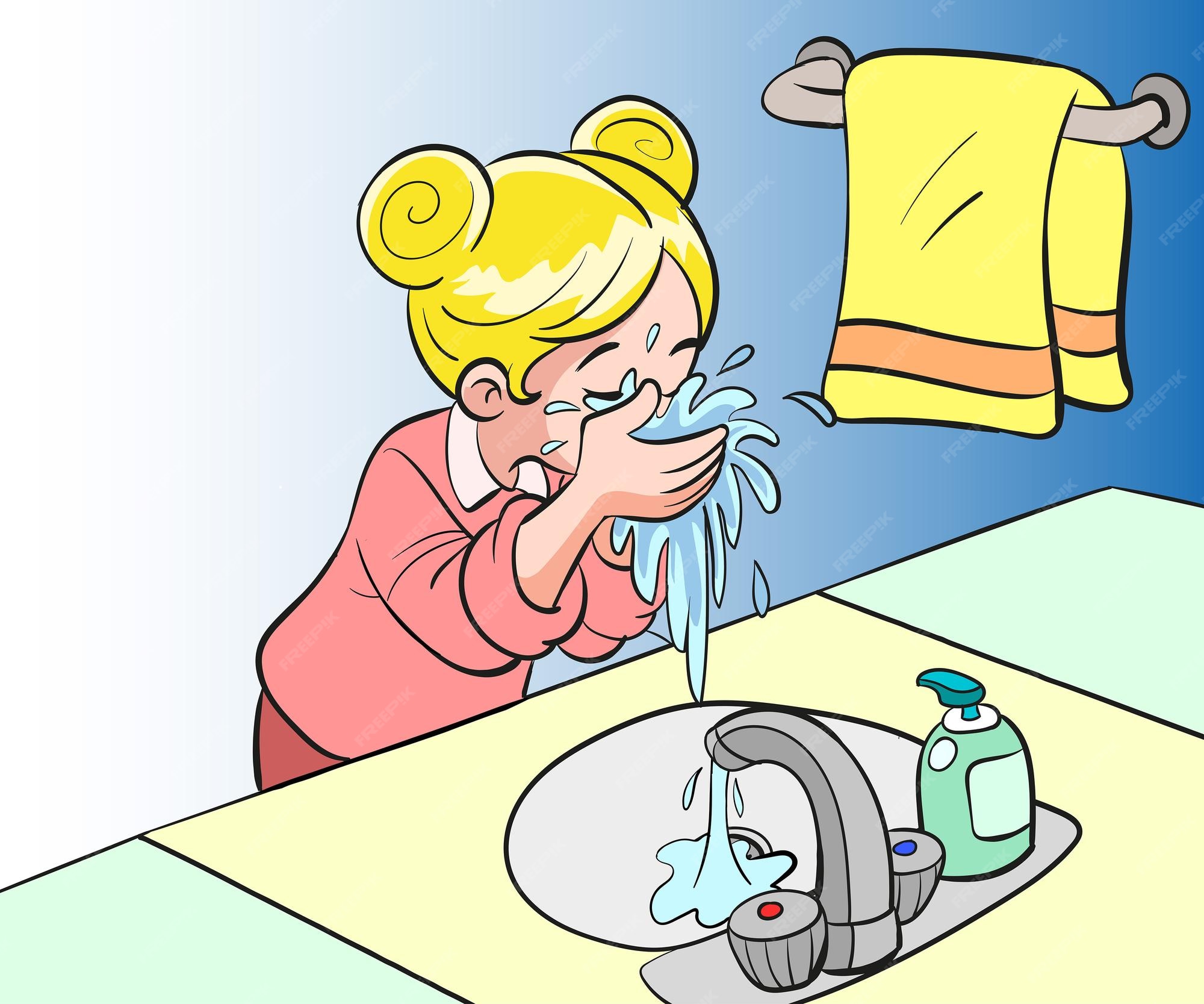 ilustraci-n-de-ni-a-lav-ndose-la-cara-en-el-ba-o-vector-premium