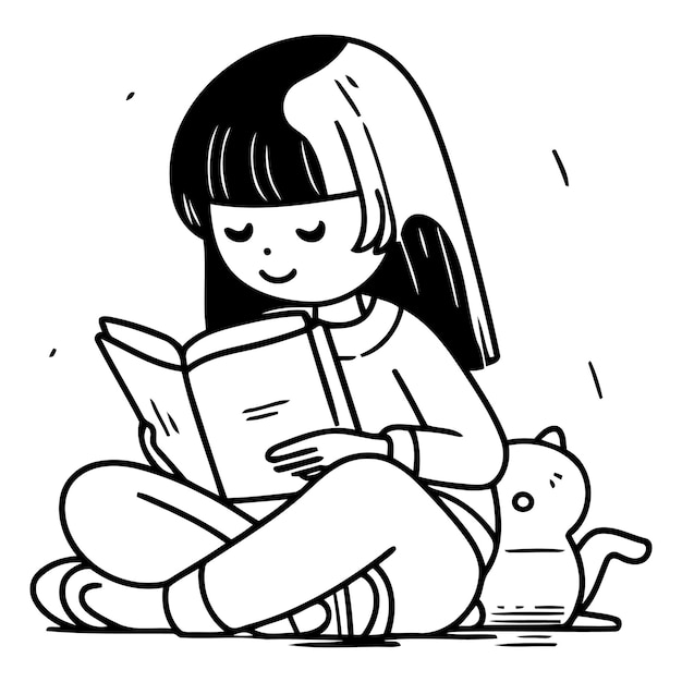 Ilustración de una niña leyendo un libro mientras está sentada en el suelo