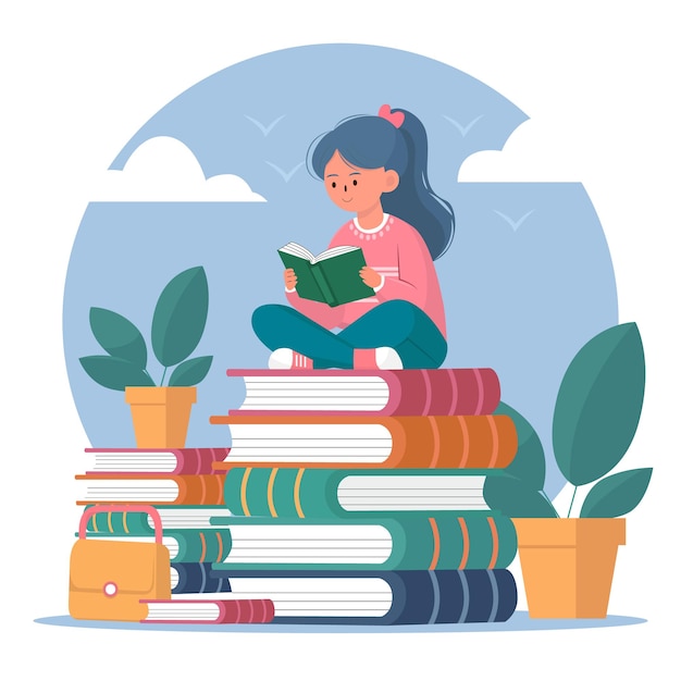 Ilustración de una niña leyendo un libro en una pila de libros