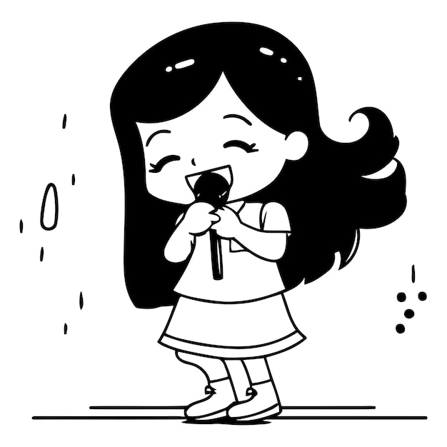 Ilustración de una niña linda cantando karaoke con el micrófono