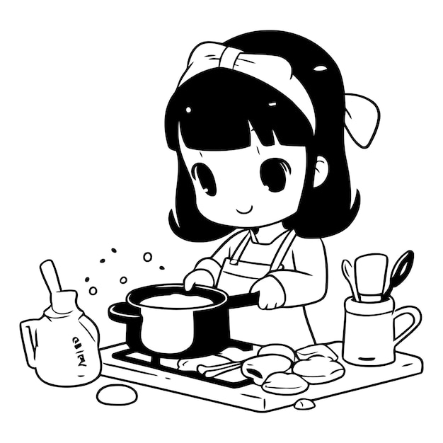 Ilustración de una niña linda cocinando en la cocina Vector