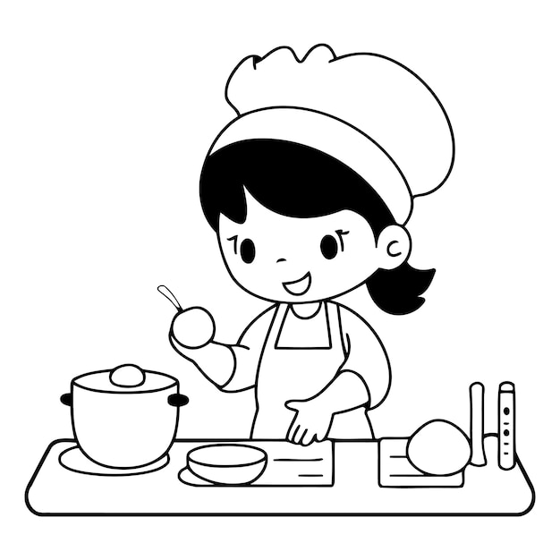 Ilustración de una niña linda cocinando en la cocina