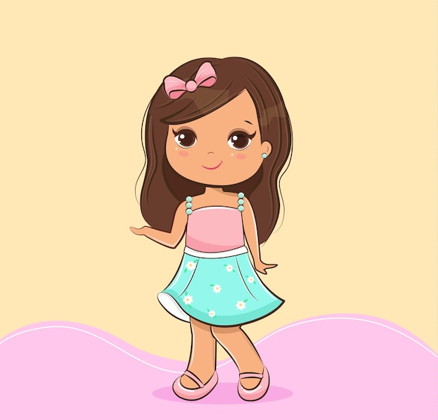 Ilustración de niña linda de dibujos animados con lazo Vector Premium