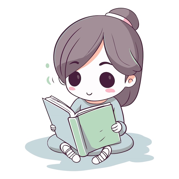 Ilustración de una niña linda leyendo un libro sobre un fondo blanco