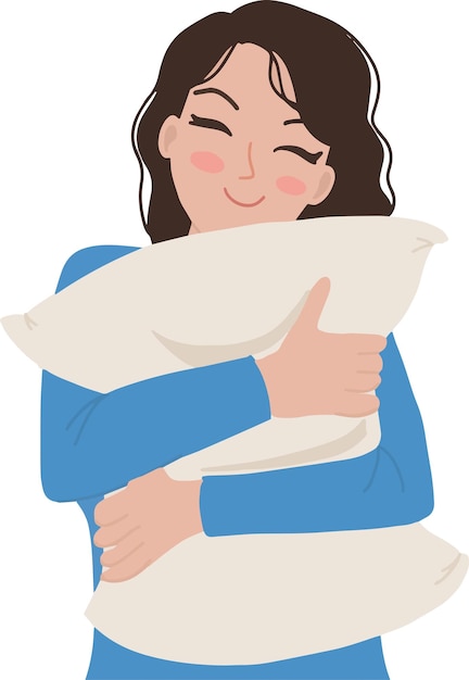 Vector ilustración de niña linda mujer cabello largo abrazo almohada ojos cerrados vector