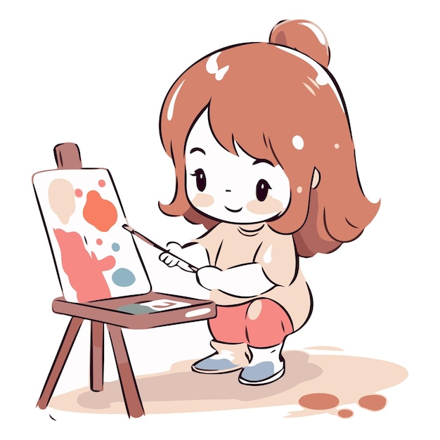 Ilustración de una niña linda pintando en un caballete