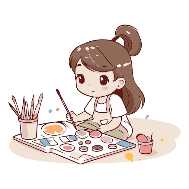Ilustración de una niña linda pintando con pinceles