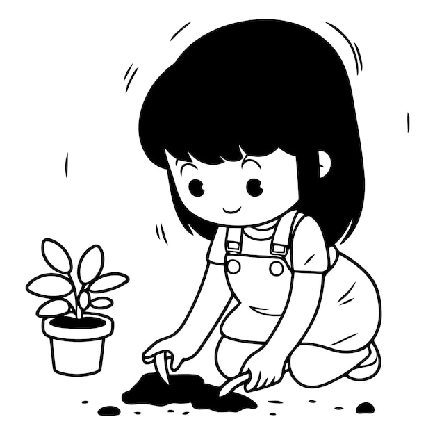 Ilustración de una niña linda plantando una planta en una olla