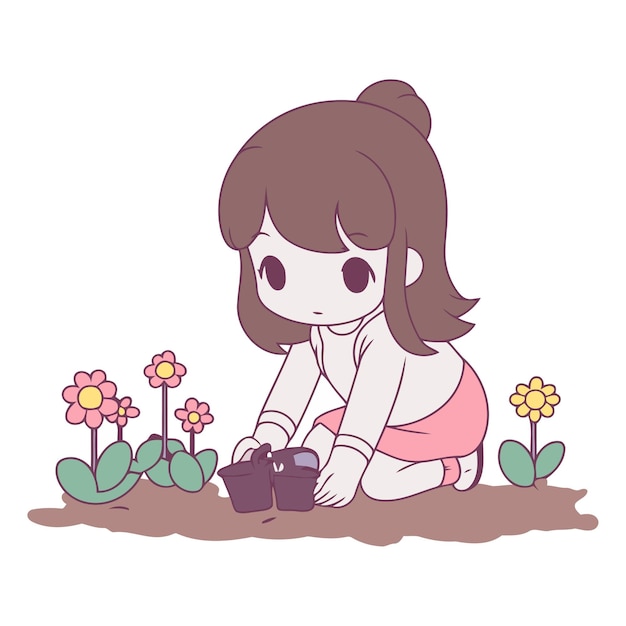 Ilustración de una niña linda que cuida de sus plantas