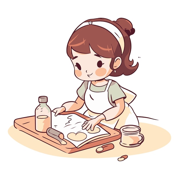 Vector ilustración de una niña linda rodando la masa en una tabla de cortar