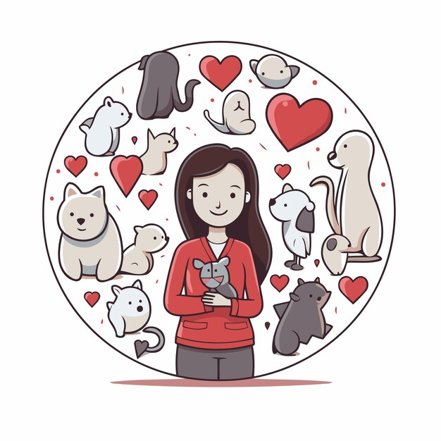 Ilustración de una niña linda sosteniendo un gato rodeado de gatos y corazones