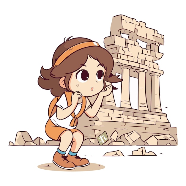 Vector ilustración de una niña mirando el templo de poseidón