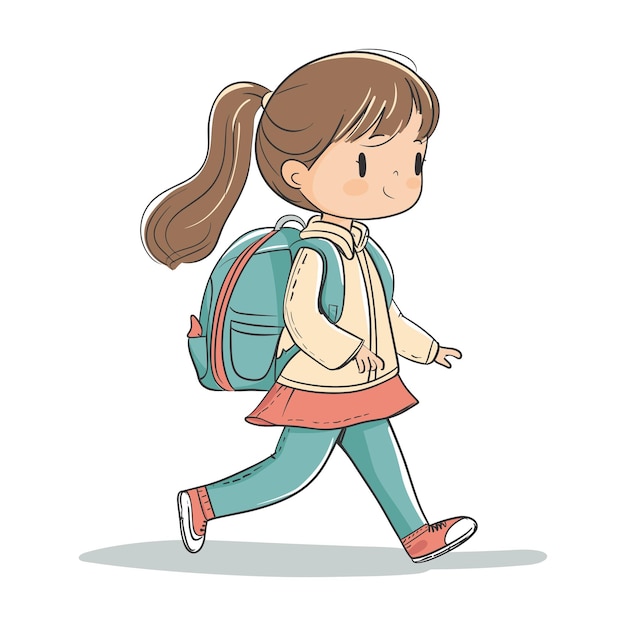 Ilustración de una niña con mochila caminando a la escuela