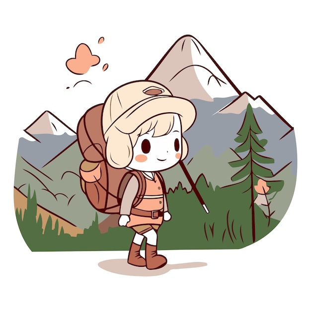 Vector ilustración de una niña con una mochila caminando por las montañas