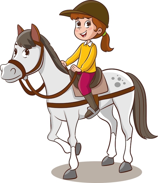 Vector ilustración de una niña montando un caballo sobre un fondo blanco.