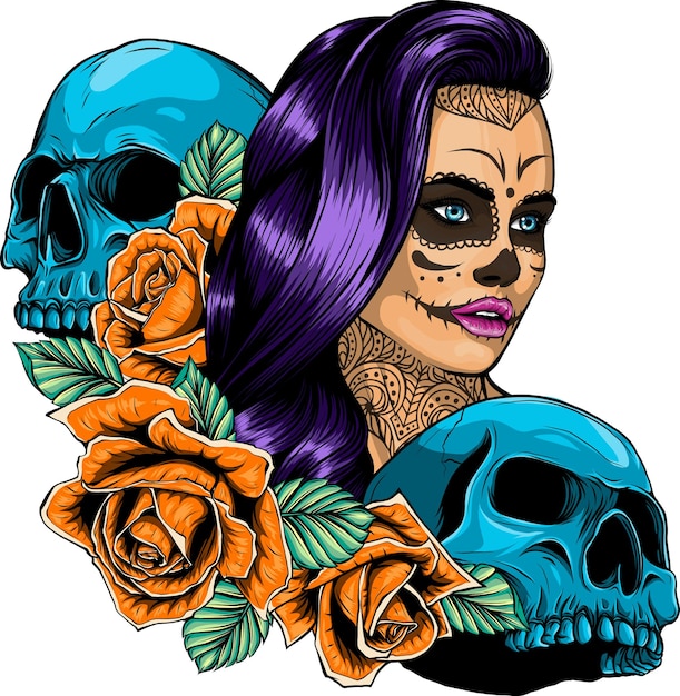 Ilustración de niña muerta con dos calaveras
