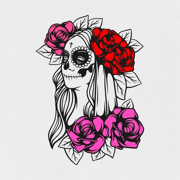 Vector ilustración de la niña muertos y flores sobre el día de los muertos.