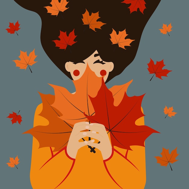 Ilustración de niña de otoño con hojas de arce.