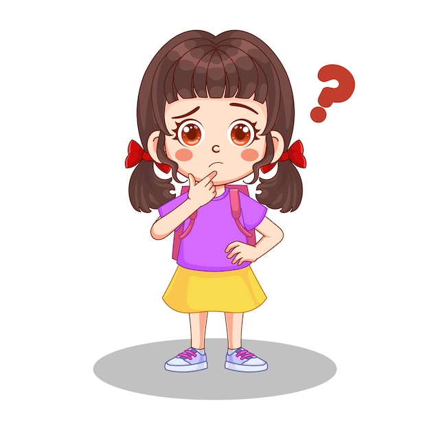 Vector ilustración de una niña pensando en una pregunta. niña llorando con una mochila