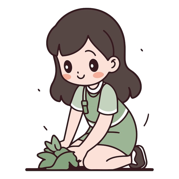 Vector ilustración de una niña pequeña agachada y plantando una planta