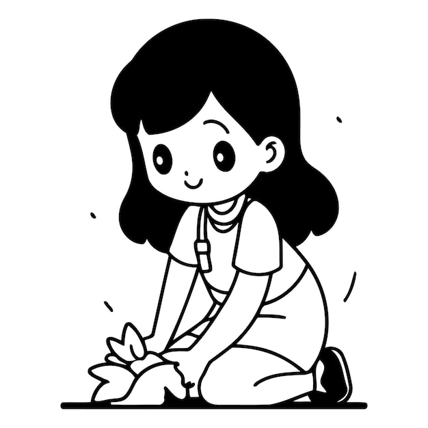 Vector ilustración de una niña pequeña agachada y plantando una planta
