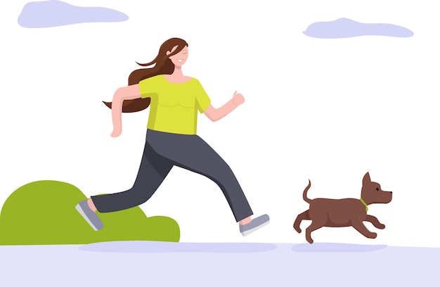 Ilustración de una niña y un perro corriendo. deporte, salud, aire puro.