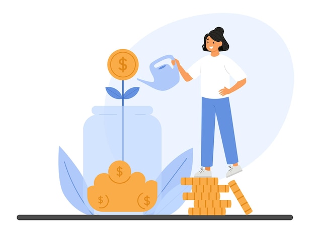 Ilustración de una niña en una pila de monedas regando un árbol de dinero Crecimiento financiero e inversiones sabias