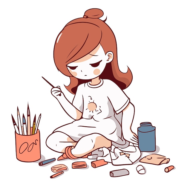 Vector ilustración de una niña pintando con un pincel y pinturas