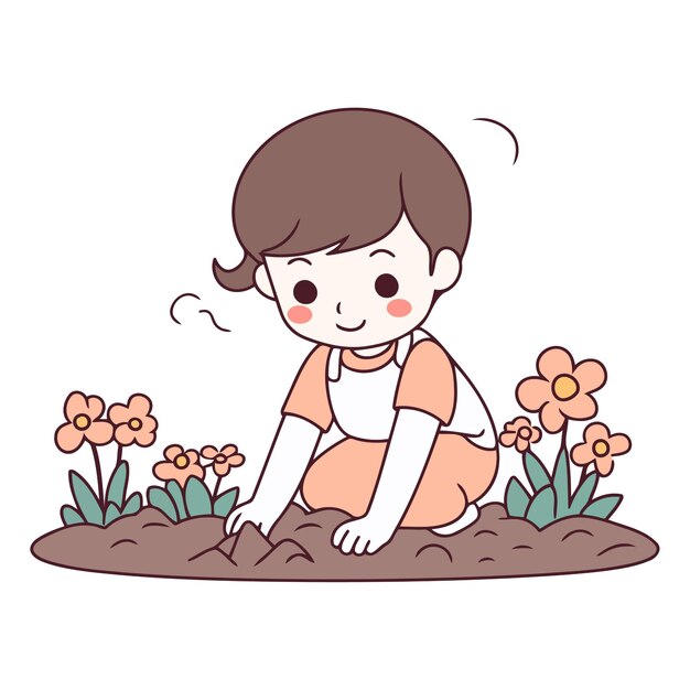 Ilustración de una niña plantando una flor en el jardín