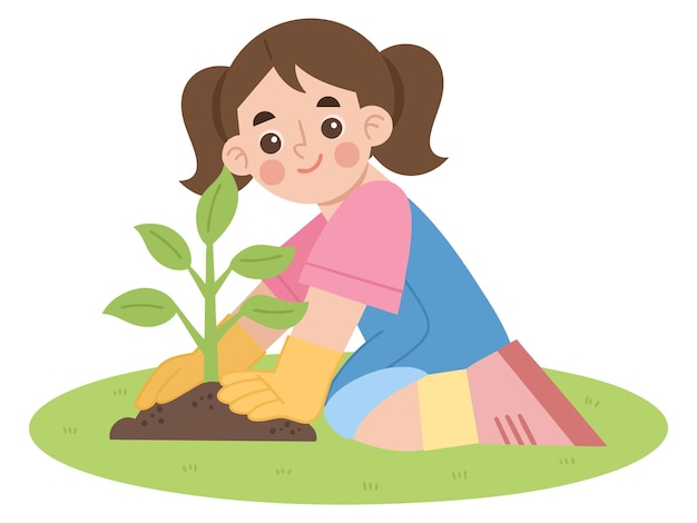Ilustración de una niña plantando plantas