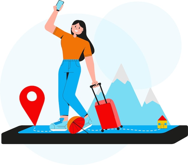 Vector ilustración de una niña que viaja con una maleta a través de un teléfono inteligente y gps a varios lugares de vacaciones