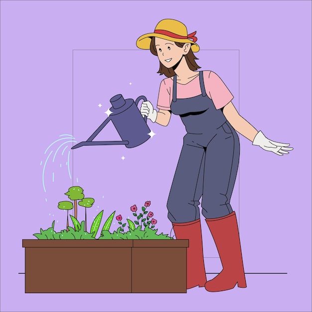 Vector ilustración de una niña regando una planta