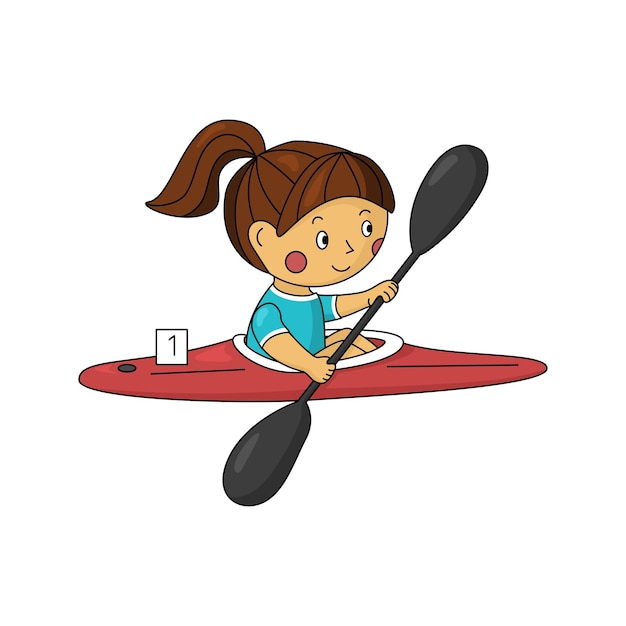 Ilustración de una niña remando en kayak Imagen vectorial de dibujos animados de niño remando Canoa Sprint