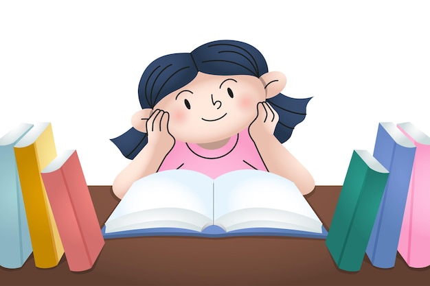 Ilustración de una niña rodeada de libros