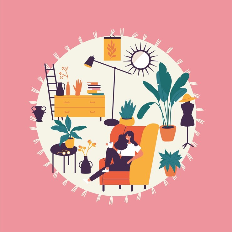 ilustración niña sentada y descansando en el sillón con taza de café.