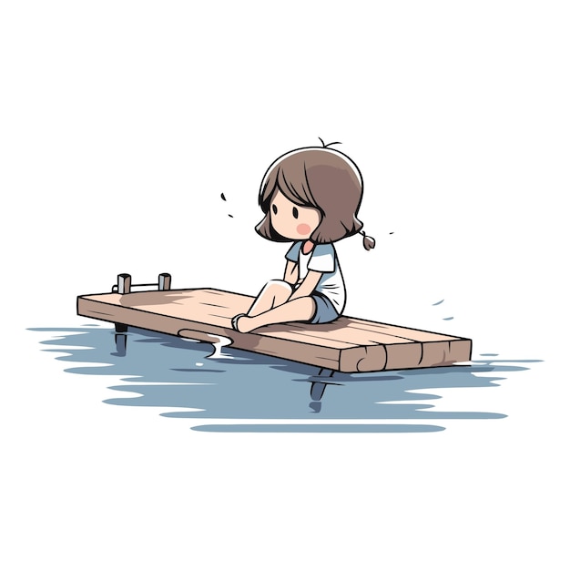 Vector ilustración de una niña sentada en un muelle de madera