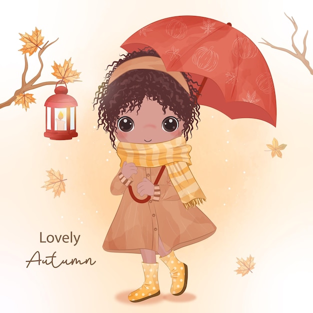 Ilustración de niña de serie de otoño