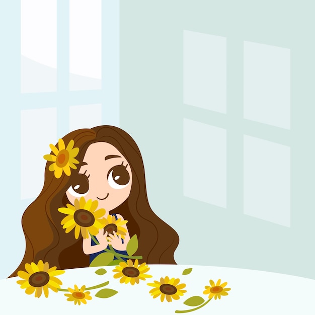 Ilustración de una niña sosteniendo girasoles