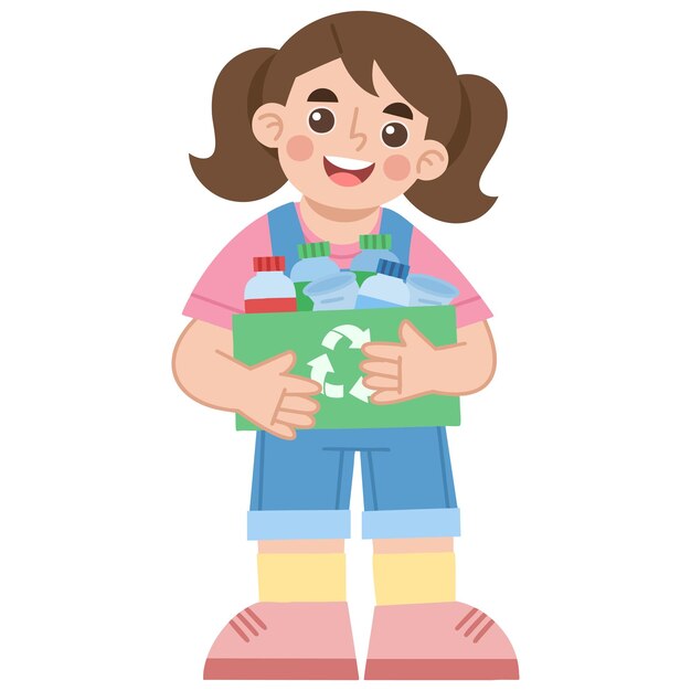Ilustración de una niña sosteniendo productos reciclables con una sonrisa