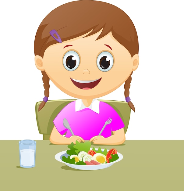 Ilustración niña con su desayuno junto con un vaso de leche