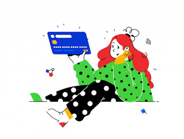 Ilustración de una niña con una tarjeta de crédito en estilo abstracto. Cliente bancario con tarjeta de débito.