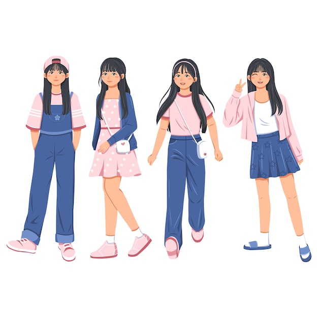 Ilustración de niñas de pie azul rosa