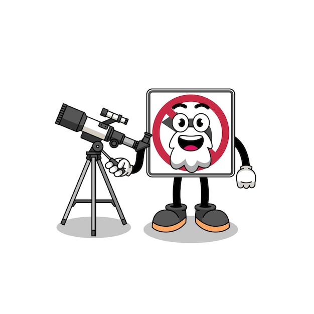 Ilustración de ninguna mascota de señal de tráfico de giro a la izquierda o en U como astrónomo