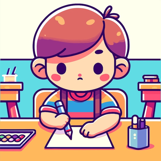 Vector ilustración de un niño aprendiendo a dibujar felizmente