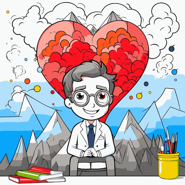 Vector ilustración de un niño con una bata blanca y gafas sentado frente a un gran corazón