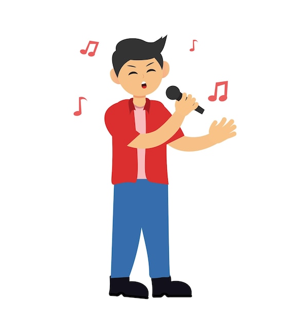 Vector ilustración de un niño con una camisa roja cantando