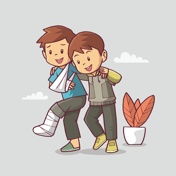 Vector ilustración de un niño cariñoso ayuda a su amigo enfermo a caminar