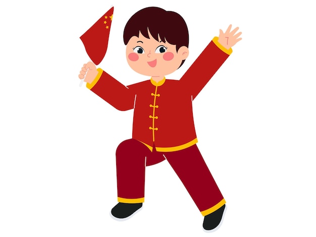 Ilustración de un niño chino con una bandera
