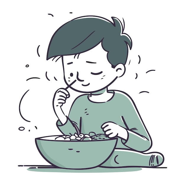 Ilustración de un niño comiendo cereales con un tenedor y una cuchara