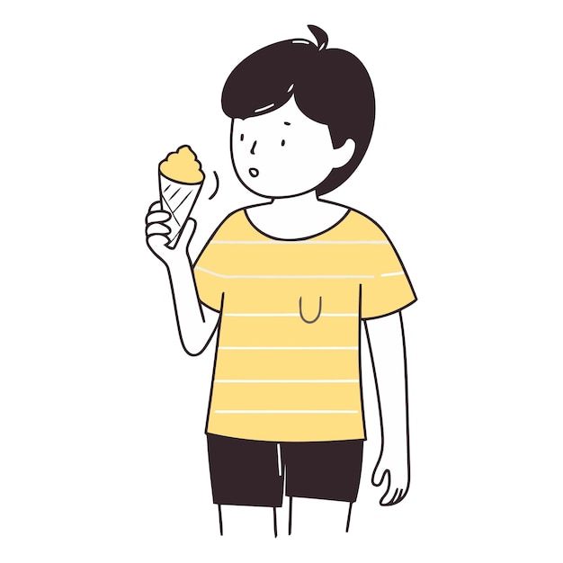 Vector ilustración de un niño comiendo helado en un cono de waffle